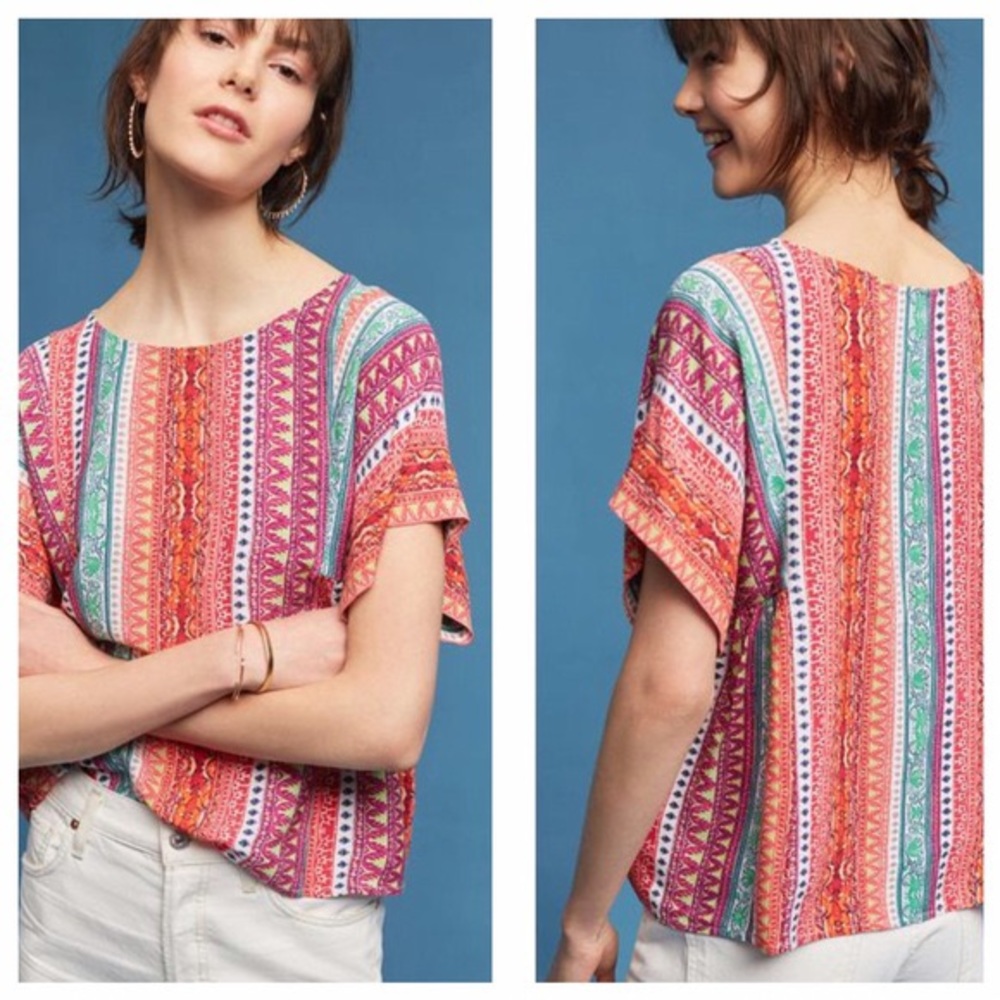Bright Boho Flowy Crop Blouse, Maeve for Anthro, M - Picture 3 of 7